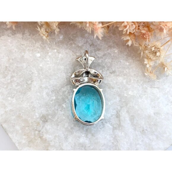 Blue Topaz Gemstone Art Deco Sterling Silver Vintage 925 Statement Pendant - Picture 4 of 7